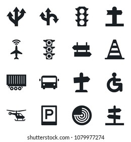 Set of vector isolated black icon - plane radar vector, airport bus, parking, signpost, border cone, helicopter, disabled, route, traffic light, truck trailer, guidepost