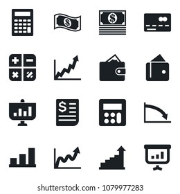 Set of vector isolated black icon - credit card vector, growth statistic, calculator, receipt, bar graph, wallet, crisis, cash, presentation