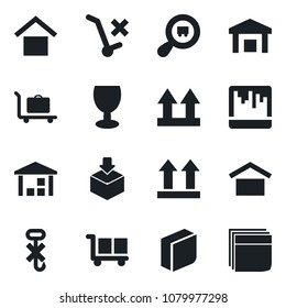 Set of vector isolated black icon - baggage trolley vector, fragile, cargo, warehouse storage, up side sign, no, hook, package, search, scanner, blank box