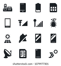 Set of vector isolated black icon - mobile phone vector, virus, satellite antenna, cell, low battery, back, sim, mute, cellular signal, office, sun panel