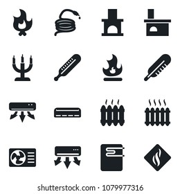 Set of vector isolated black icon - fire vector, hose, fireplace, thermometer, heater, air conditioner, candle, water, smoke detector