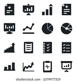 Set of vector isolated black icon - growth statistic vector, monitor, diagnosis, pulse clipboard, bar graph, pie, checklist, point, presentation