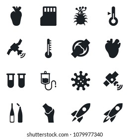 Set of vector isolated black icon - blood test vial vector, dropper, ampoule, real heart, joint, virus, satellite, sd, thermometer, rocket