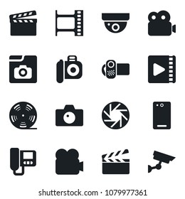 Set of vector isolated black icon - camera vector, clapboard, film frame, reel, video, phone back, mobile, photo gallery, intercome, surveillance