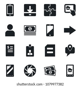 Set of vector isolated black icon - right arrow vector, mobile phone, identity card, document, cash, tracking, cell, camera, user, download, application, restaurant receipt, home control app