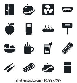 Set of vector isolated black icon - hot cup vector, plant label, diet, fridge, drink, phyto bar, salad, bacon, bread, kebab, dog, apple fruit, fan