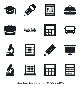 Set of vector isolated black icon - airport bus vector, graduate, abacus, presentation board, microscope, calculator, pencil, case
