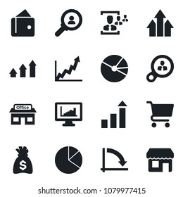 Set of vector isolated black icon - growth statistic vector, money bag, crisis graph, store, monitor statistics, pie, hr, consumer search, arrow up, wallet, cart, storefront