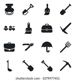 Set of vector isolated black icon - baggage larry vector, job, shovel, farm fork, pruner, umbrella, themes, stamp, ladle, case, hard work