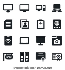 Set of vector isolated black icon - passport vector, office binder, notebook pc, document, pulse clipboard, monitor, photo gallery, presentation board, sale, pass card, certificate