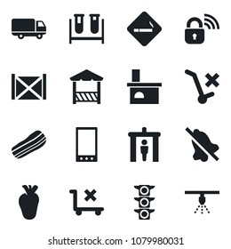 Set of vector isolated black icon - security gate vector, smoking place, fireplace, blood test vial, real heart, traffic light, car delivery, container, no trolley, mobile, mute, bacon, alcove
