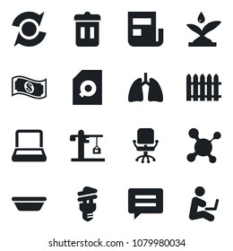 Set of vector isolated black icon - office chair vector, fence, molecule, lungs, message, update, news, document search, notebook pc, crane, bowl, irrigation, energy saving bulb, trash bin, cash