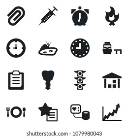 Set of vector isolated black icon - fire vector, syringe, blood pressure, implant, traffic light, clock, sea port, warehouse, favorites list, alarm, clipboard, paper clip, pond, cafe, growth graph