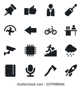 Set of vector isolated black icon - left arrow vector, notepad, ripper, rain, axe, bike, microphone, finger up, paper pin, jack connector, manager desk, career ladder, waiter, chip, surveillance