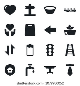 Set of vector isolated black icon - airport bus vector, left arrow, ladder, heart hand, signpost, traffic light, battery, data exchange, water supply, table, estate insurance, salad, bowl, tie