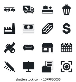 Set of vector isolated black icon - baggage conveyor vector, airport bus, shop, dollar sign, calendar, garden light, satellite, cash, presentation board, document folder, cushioned furniture, moving