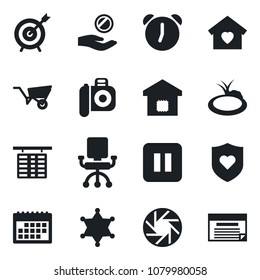 Set of vector isolated black icon - flight table vector, wheelbarrow, pond, heart shield, camera, pause button, mobile, alarm, calendar, sweet home, smart, police, target, office chair, investment