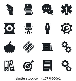 Set of vector isolated black icon - manager vector, office chair, binder, pumpkin, pills blister, ambulance star, joint, oil barrel, dialog, root setup, contract, book, building, gear, target