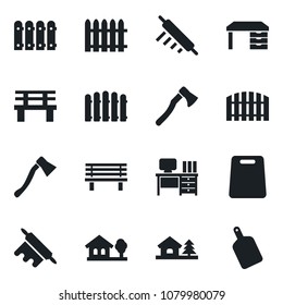Set of vector isolated black icon - desk vector, fence, axe, bench, house with tree, rolling pin, cutting board