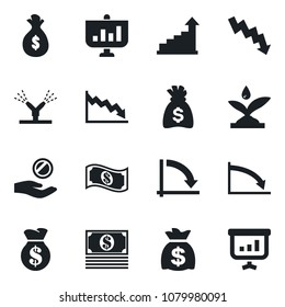 Set of vector isolated black icon - growth statistic vector, money bag, crisis graph, irrigation, investment, cash, presentation
