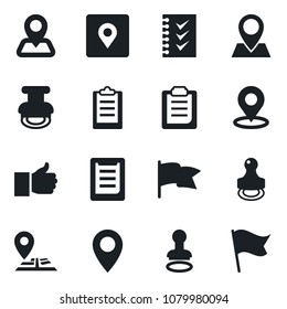 Set of vector isolated black icon - stamp vector, navigation, pin, clipboard, finger up, place tag, checklist, flag