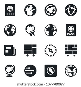 Set of vector isolated black icon - passport vector, globe, plane, earth, consolidated cargo, news, network, compass