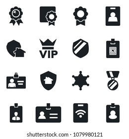 Set of vector isolated black icon - vip vector, identity, card, medal, shield, sertificate, home protect, police, pass