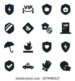 Set of vector isolated black icon - umbrella vector, alarm car, glove, heart shield, flammable, protect, estate insurance, vip zone, home