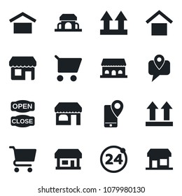 Set of vector isolated black icon - 24 around vector, shop, store, mobile tracking, warehouse storage, up side sign, cafe building, open close, cart, storefront