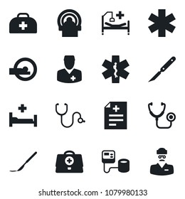 Set of vector isolated black icon - doctor case vector, diagnosis, stethoscope, blood pressure, scalpel, tomography, ambulance star, hospital bed