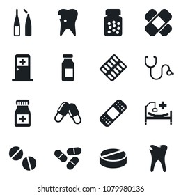 Set of vector isolated black icon - medical room vector, stethoscope, pills, bottle, blister, ampoule, patch, hospital bed, caries
