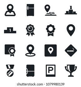 Set of vector isolated black icon - parking vector, smoking place, medal, navigation, pin, tag, sertificate, fridge, pedestal, award cup