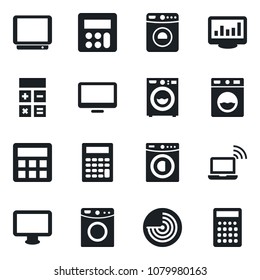 Set of vector isolated black icon - wireless notebook vector, washer, radar, calculator, tv, monitor, statistics