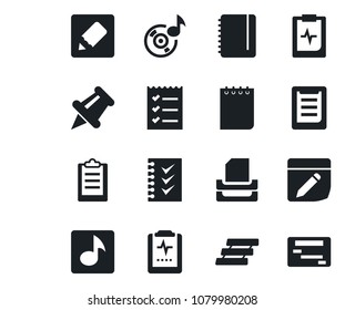 Set of vector isolated black icon - notepad vector, pulse clipboard, paper pin, notes, music, checklist, tray, schedule