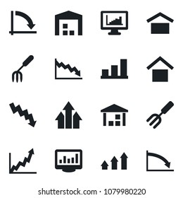 Set of vector isolated black icon - crisis graph vector, garden fork, warehouse storage, monitor statistics, bar, arrow up, growth