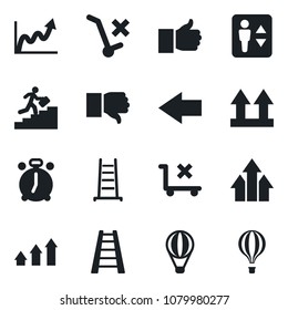 Set of vector isolated black icon - elevator vector, alarm clock, left arrow, ladder, up side sign, no trolley, finger, down, career, graph, growth, air balloon