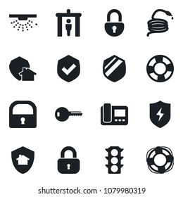 Set of vector isolated black icon - security gate vector, hose, traffic light, shield, protect, lock, key, intercome, home, sprinkler, crisis management