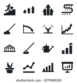 Set of vector isolated black icon - growth statistic vector, seedling, watering can, hoe, greenhouse, drip irrigation, bar graph, point, career ladder, arrow up, crisis, presentation