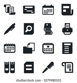 Set of vector isolated black icon - contract vector, book, document search, pen, printer, medical calendar, folder, news, schedule