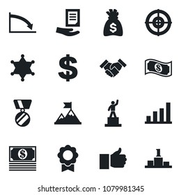 Set of vector isolated black icon - dollar sign vector, pedestal, medal, money bag, document, finger up, sertificate, bar graph, target, handshake, police, motivation, crisis, cash