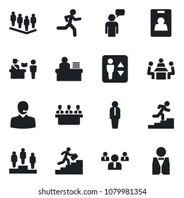 Set of vector isolated black icon - passport control vector, elevator, manager, speaking man, pedestal, team, run, identity card, support, desk, meeting, career ladder, waiter