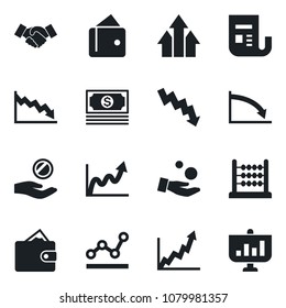 Set of vector isolated black icon - handshake vector, crisis graph, cash, news, abacus, point, arrow up, wallet, growth, investment, presentation
