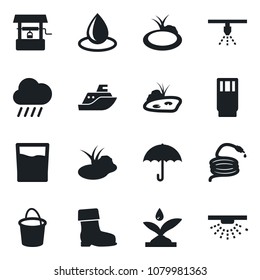 Set of vector isolated black icon - bucket vector, boot, water drop, rain, well, hose, pond, sea shipping, umbrella, drink, irrigation, sprinkler