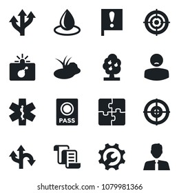 Set of vector isolated black icon - bomb in case vector, passport, contract, water drop, pond, ambulance star, patient, route, important flag, application, root setup, target, fruit tree