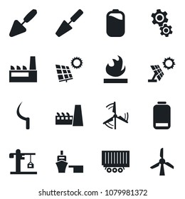 Set of vector isolated black icon - trowel vector, sickle, truck trailer, sea port, flammable, low battery, sun panel, windmill, crane, factory, gear