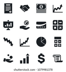 Set of vector isolated black icon - growth statistic vector, dollar sign, calculator, crisis graph, pie, contract, credit card, handshake, investment, cash, presentation
