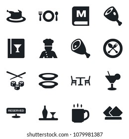 Set of vector isolated black icon - spoon and fork vector, cafe, coffee, cook, alcohol, wine card, menu, reserved, cocktail, plates, chicken, ham, sushi, serviette