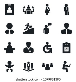 Set of vector isolated black icon - baby vector, reception, speaking man, disabled, doctor, pregnancy, client, group, identity card, meeting, manager, career ladder, company, estate agent