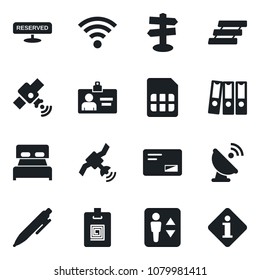 Set of vector isolated black icon - elevator vector, identity card, pen, signpost, satellite antenna, mail, sim, wireless, paper binder, tray, bedroom, reserved, information