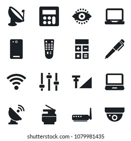 Set of vector isolated black icon - calculator vector, satellite antenna, remote control, laptop pc, phone back, tuning, wireless, eye id, cellular signal, copier, pen, router, surveillance